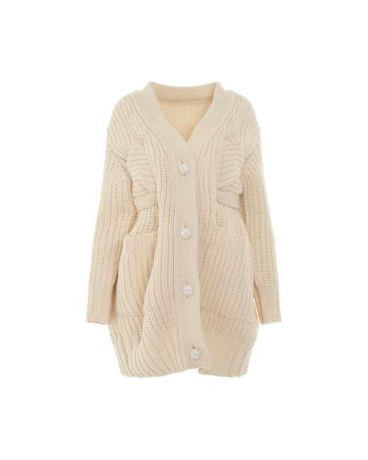 Sacai Wool Knit Cardigan With Leather Trim In Off White in Natural