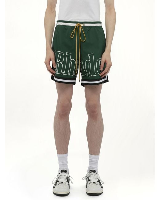 Rhude Green Logo Basketball Swim Shorts, 100% Polyester, Size: Large for men
