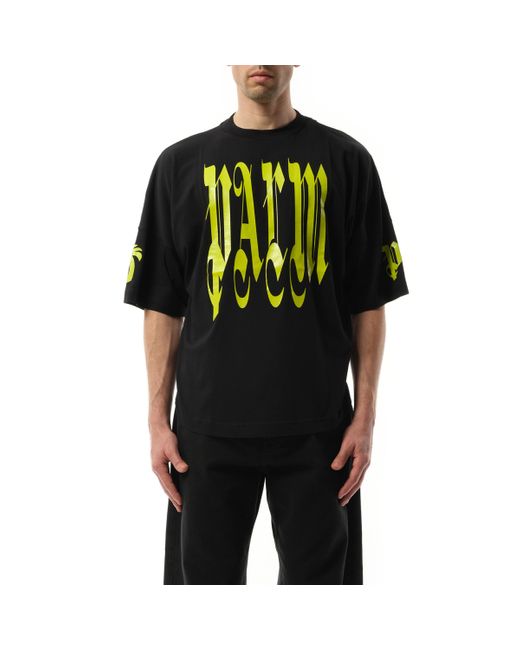 Palm Angels Black 'Back Gothic Palm Over T-Shirt, Round Neck, /Lime, 100% Cotton, Size: Small for men