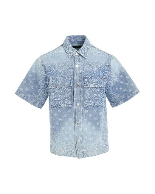 Amiri Blue Bandana Jacquard Snap Short-Sleeve Shirt, Perfect, 100% Cotton, Size: Medium for men