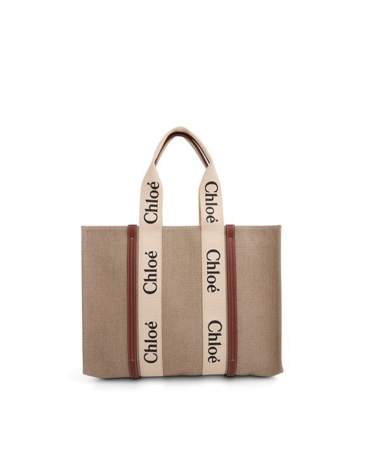 Chloé White Large Eco Woody Tote Bag With Strap, 100% Linen Canvas