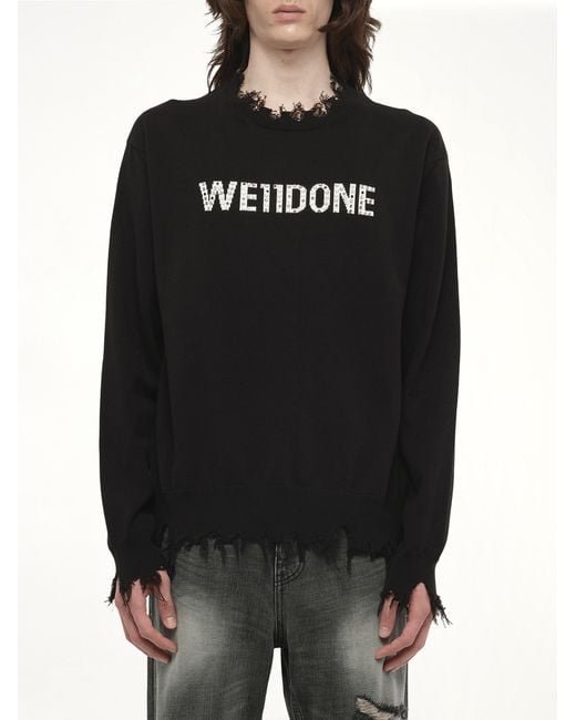 we11done Black Grunge Rhinestone Logo Sweater for men