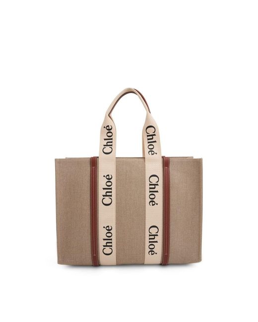 Chloé White Large Eco Woody Tote Bag With Strap, 100% Linen Canvas