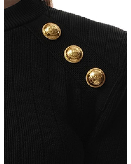 Balmain Black Button-Trimmed Sweater, Round Neck, Long Sleeves, 100% Polyester