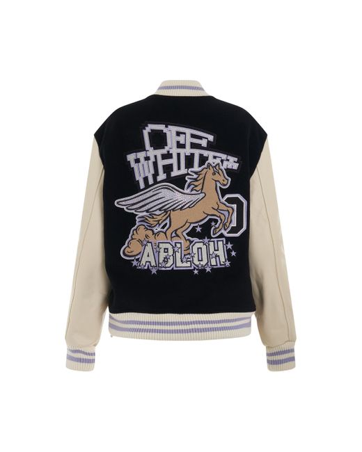 Off-White c/o Virgil Abloh Black Off- Embroidered Patch Logo Varsity Jacket, Long Sleeves, /Lilac, 100% Polyester