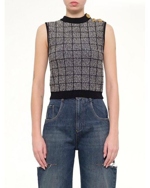 Balmain Blue Sl 3 Buttons Knit Light Tweed Top