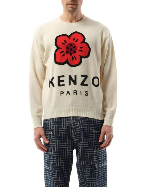 KENZO Gray Knit Boke Flower Placed Sweater, Long Sleeves, 100% Wool, Size: Small for men