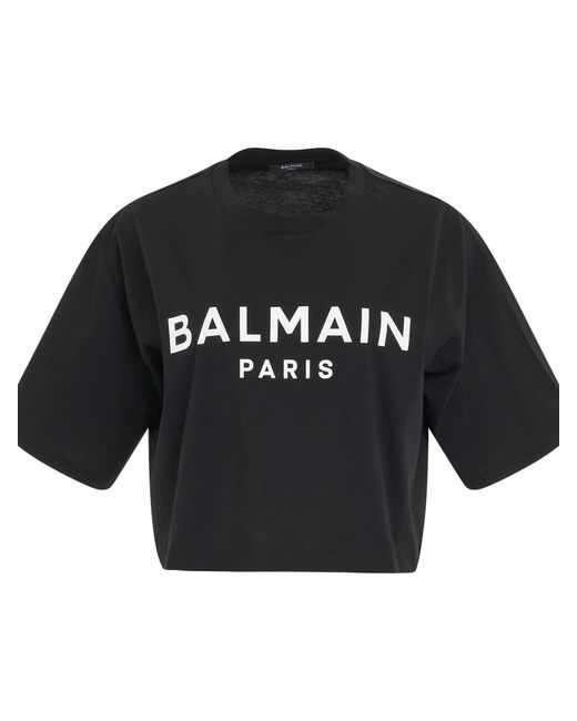 Balmain Blue Cropped Print Logo Eco T-Shirt, Round Neck, Short Sleeves, 100% Cotton