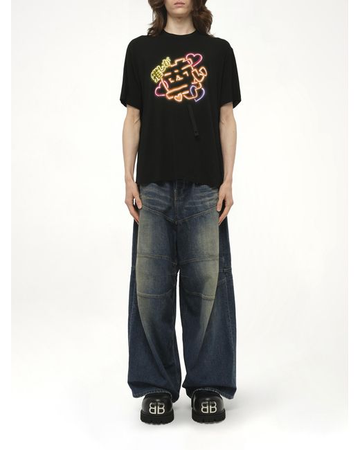 Doublet Black Big Japanese Neon Paint Fan Service T-Shirt, 100% Polyester, Size: Small for men