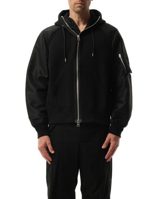 Sacai Black Sponge Sweat Nylon Zip Hoodie, 100% Cotton for men