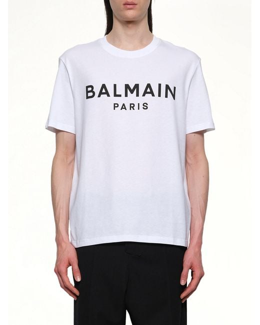Balmain White Logo Printed Straight Fit T-Shirt for men