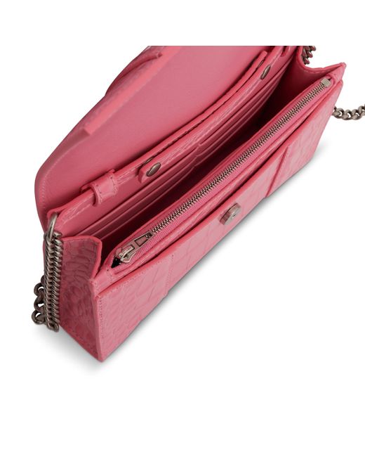 Balenciaga Pink Hourglass Embossed Croco Wallet On Chain, Sweet, 100% Leather