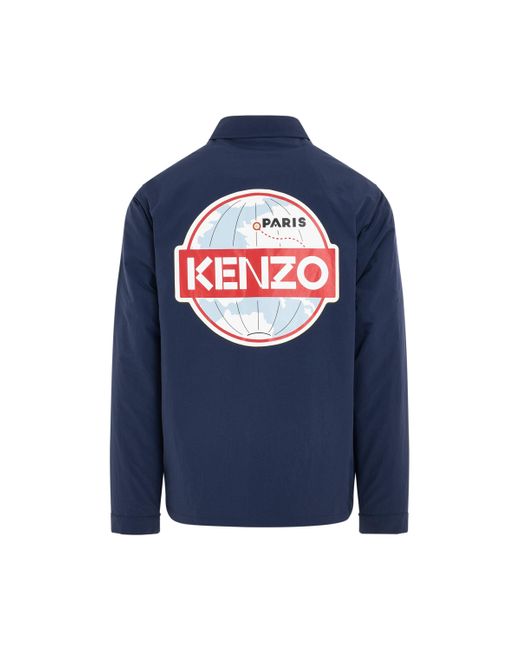KENZO Blue 'Logo Globe Padded Coach Bomber Jacket, Long Sleeves, Midnight, 100% Polyester, Size: Small for men