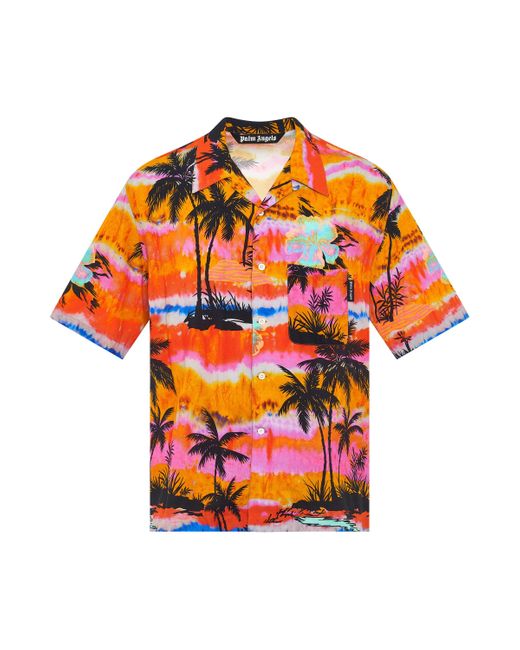 Palm Angels Orange Psychedelic Palms Bowling Shirt, Short Sleeves, , 100% Viscose for men