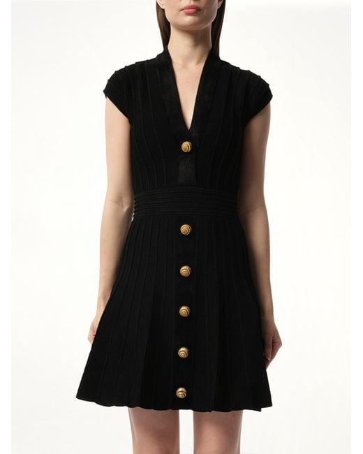 Balmain Black Button V-Neck Velvet Flare Short Dress