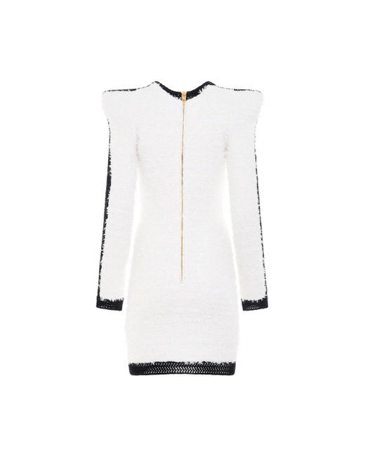 Balmain White 4 Pockets Buttoned Tweed Knit Short Dress, Round Neck, Long Sleeves, /, 100% Cotton