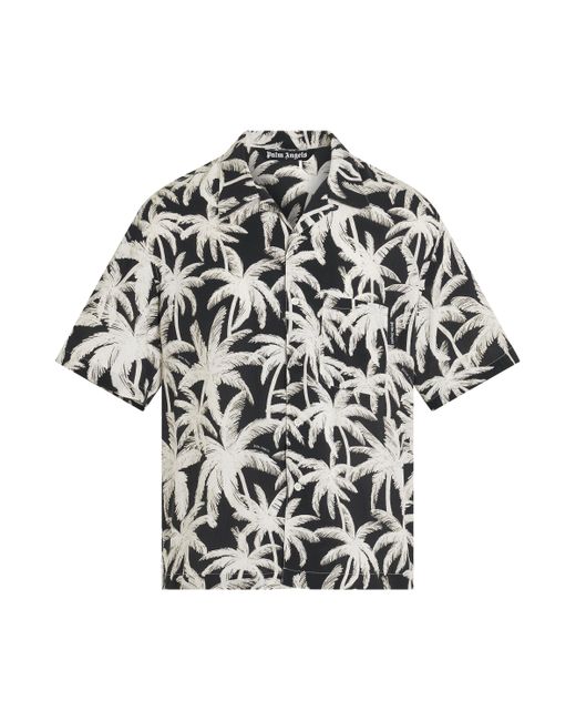 Palm Angels Black Palms Allover Short Sleeve Shirt, /Off, 100% Viscose for men