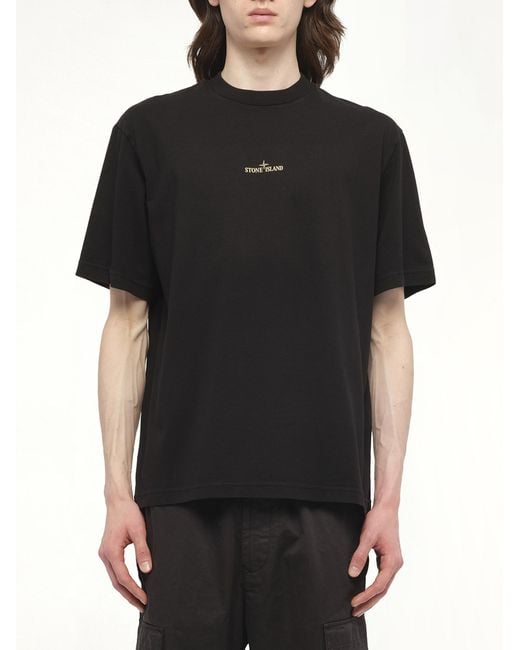 Stone Island Black 210003 Bleeding Numbers Compass Short Sleeve T-Shirt, 100% Cotton, Size: Small for men