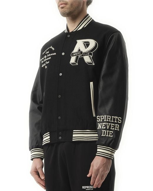 Represent Black Owners Club Varsity Bomber Jacket, 100% Leather, Size: Large for men