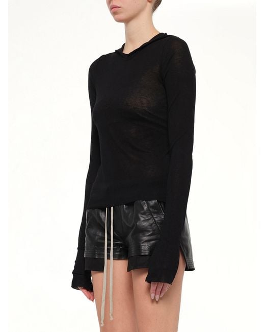 Rick Owens Black Cropped Hooded Rib Ls T-Shirt