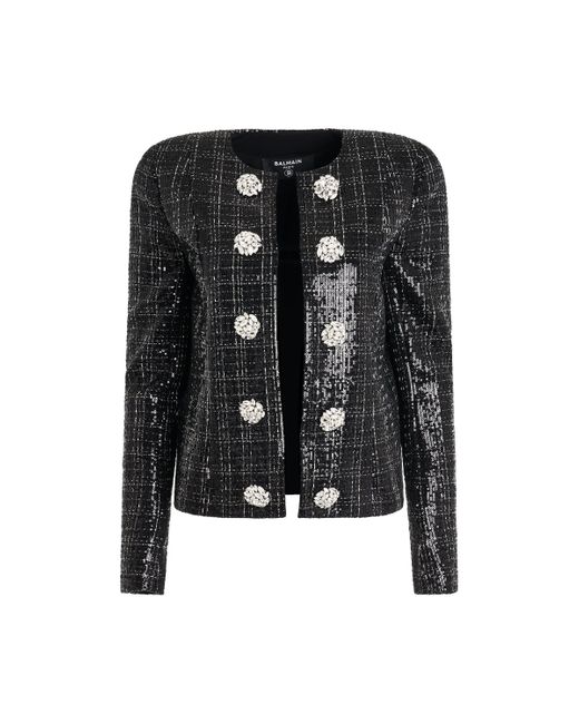 Balmain Black Jewellery Button Collarless Tweed Jacket, Round Neck, Long Sleeves, , 100% Polyester