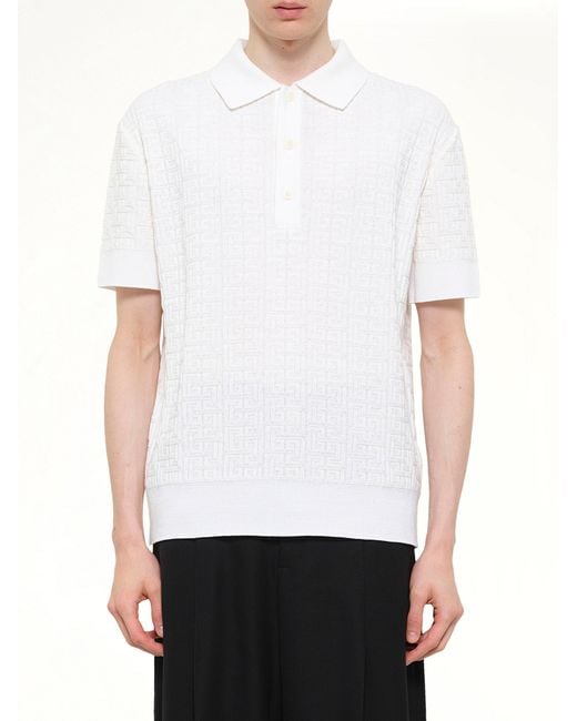 Balmain White Monogram Vanise Knit Polo for men