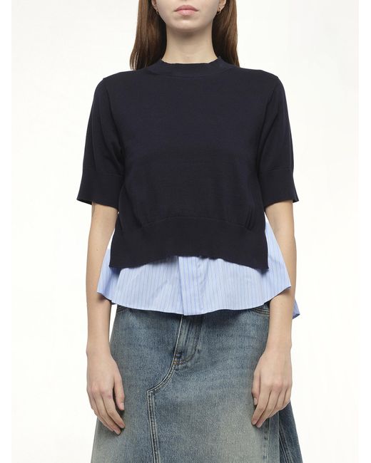 Sacai Blue X Poplin X Knit Pullover, 100% Polyester