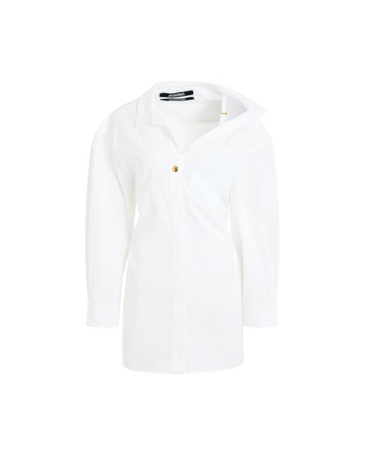 Jacquemus White La Mini Robe Chemise Dress, Long Sleeves, , 100% Cotton