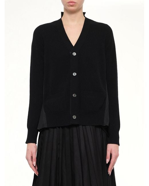 Sacai Black Wool Knit X Cotton Poplin Cardigan