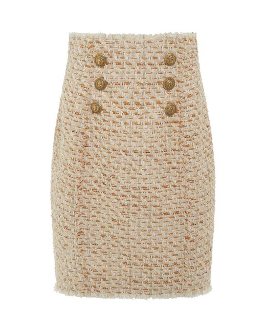 Balmain Natural High Waisted 6 Button Tweed Short Skirt, 100% Cotton