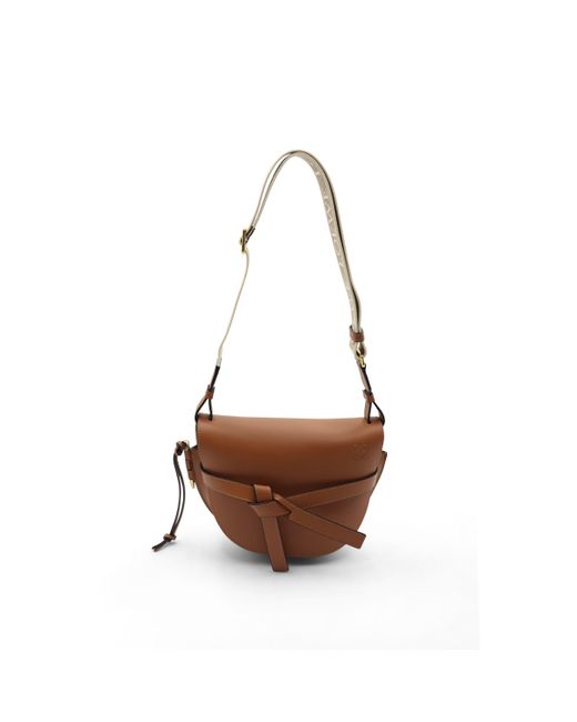 Loewe Small Gate Bag In Soft Calfskin And Jacquard Strap In Tan in