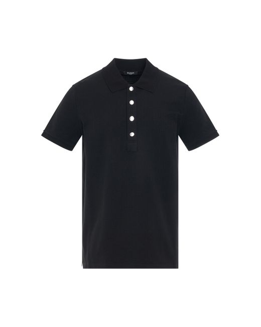 Balmain Black Monogram Cotton Pique Polo, Short Sleeves, , 100% Cotton, Size: Medium for men