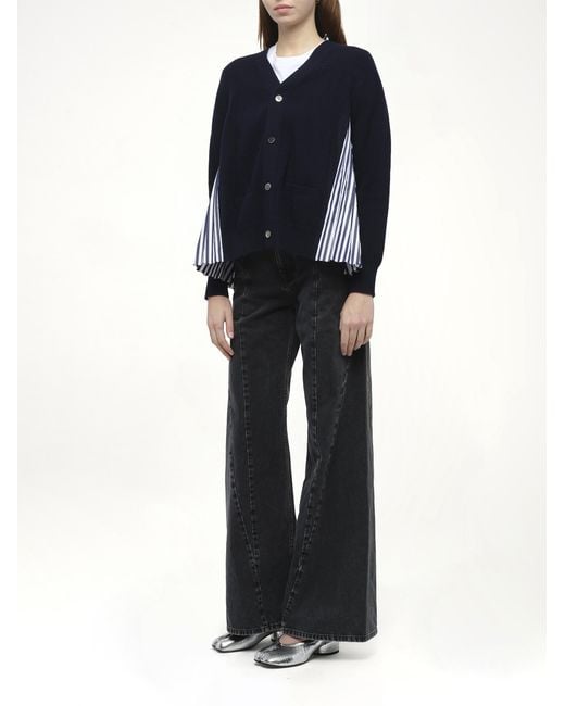 Sacai Blue X Wool Knit X Cotton Poplin Cardigan, 100% Wool