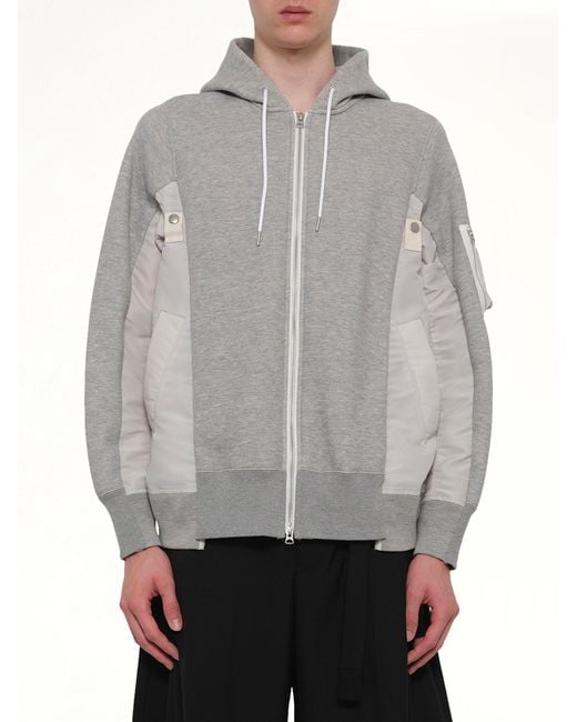 Sacai Gray Sponge Sweat X Nylon Twill Hoodie for men