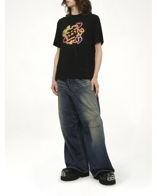 Doublet Black Big Japanese Neon Paint Fan Service T-Shirt, 100% Polyester, Size: Small for men