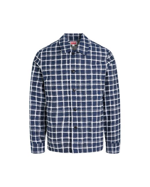 KENZO Blue Check Jacquard Overshirt, Long Sleeves, Midnight, 100% Cotton, Size: Medium for men