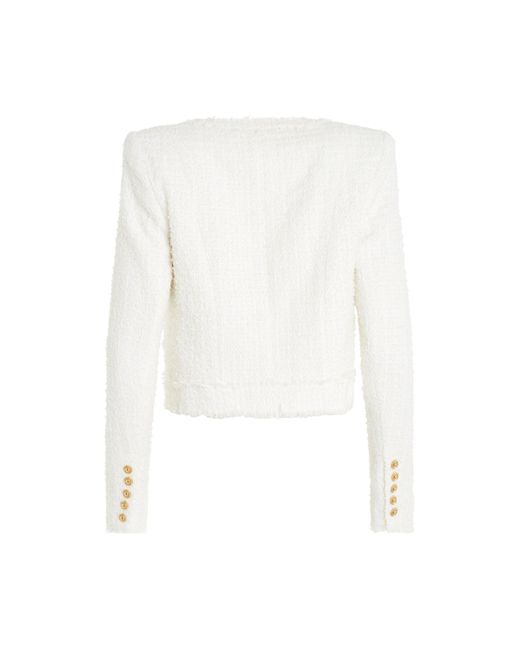 Balmain White Collarless 4 Pocket Tweed Jacket, Round Neck, Long Sleeves, , 100% Cotton