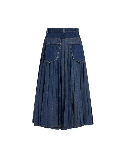 Sacai Blue Pleated Denim Skirt, Pleated Details, , 100% Cotton
