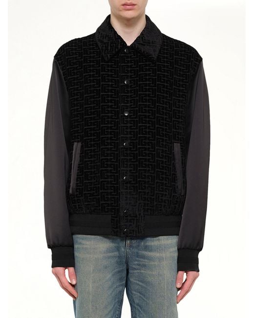 Balmain Black Monogram Velvet/Satin Bomber Jacket for men