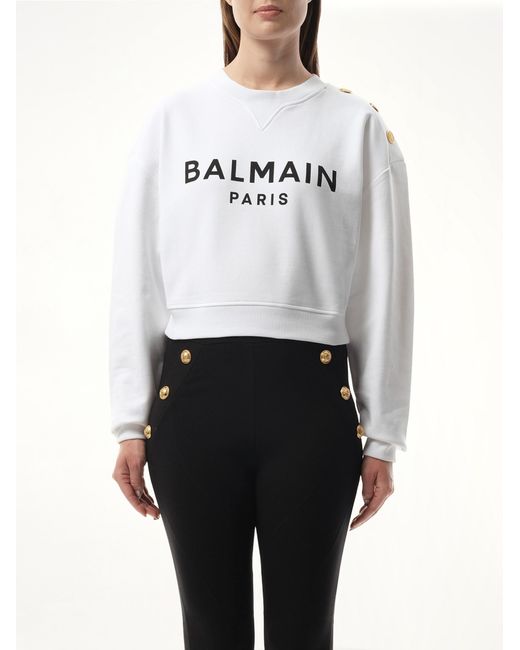 Balmain White 3 Button Printed Sweatshirt, Round Neck, Long Sleeves, 100% Organic Cotton, Size: Small