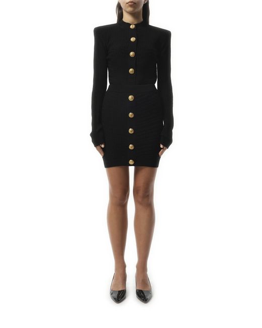 Balmain Black Buttoned Knit Short Skirt, 100% Polyester