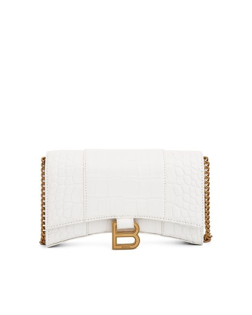 Balenciaga White Hourglass Embossed Croco Wallet On Chain, Off, 100% Calfskin