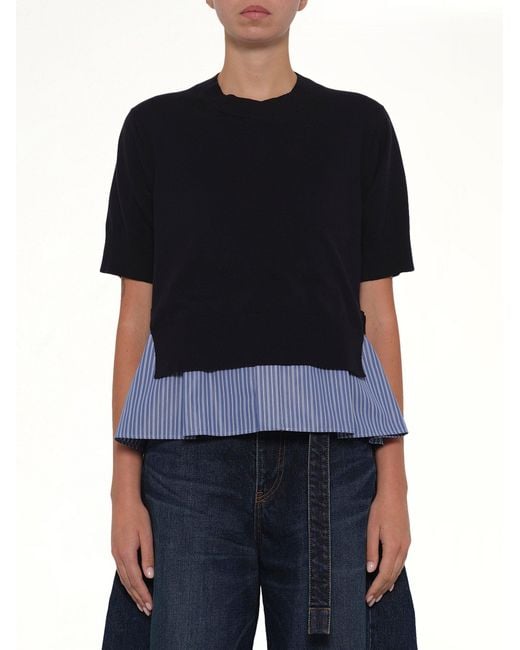 Sacai Black Poplin X Cotton Knit Pullover