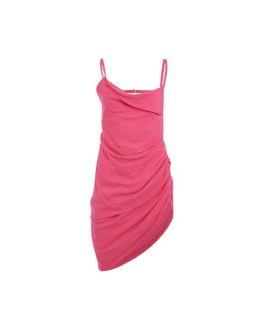 Jacquemus Pink Saudade Asymmetric Draped Mini Dress, , 100% Cotton