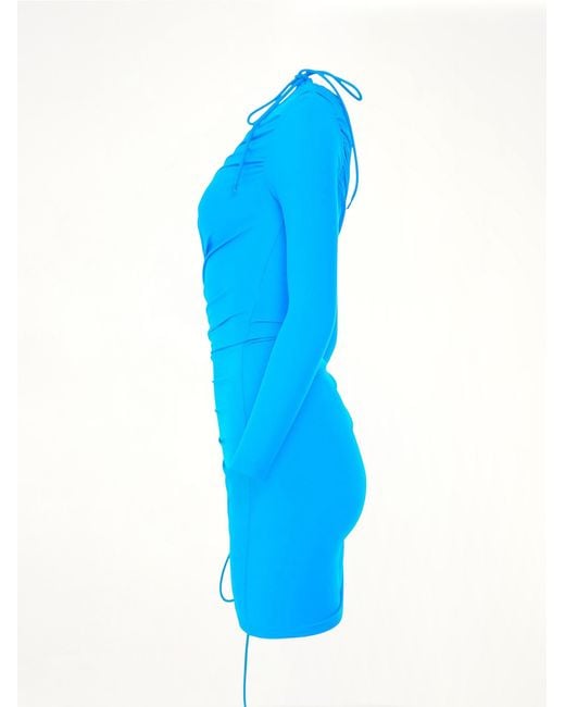 Balenciaga Blue Mini Matte Spandex Dress, Round Neck, Long Sleeves