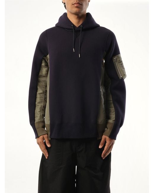 Sacai Blue Sponge Sweat Nylon Twill Hoodie, Long Sleeves, 100% Cotton for men