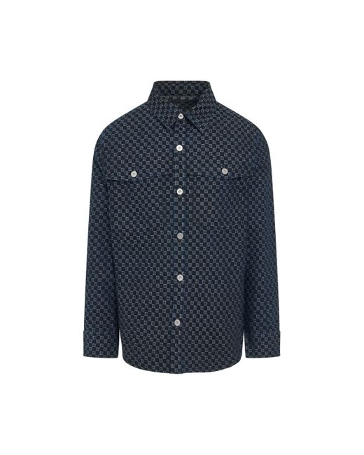 Balmain Blue Monogram Jacquard Overshirt, Long Sleeves, Jeans, 100% Cotton for men