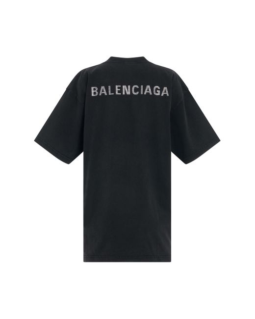 Balenciaga Black Back Logo Rhinestones Oversized T-Shirt, Short Sleeves, /, 100% Cotton