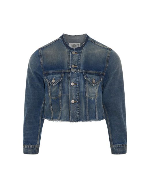 Maison Margiela Blue Cropped Collarless Denim Jacket, Round Neck, Long Sleeves, , 100% Cotton for men