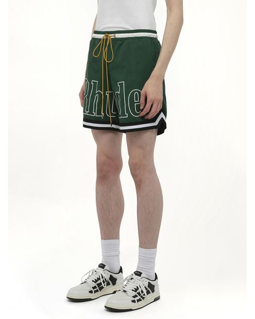 Rhude Green Logo Basketball Swim Shorts, 100% Polyester, Size: Large for men
